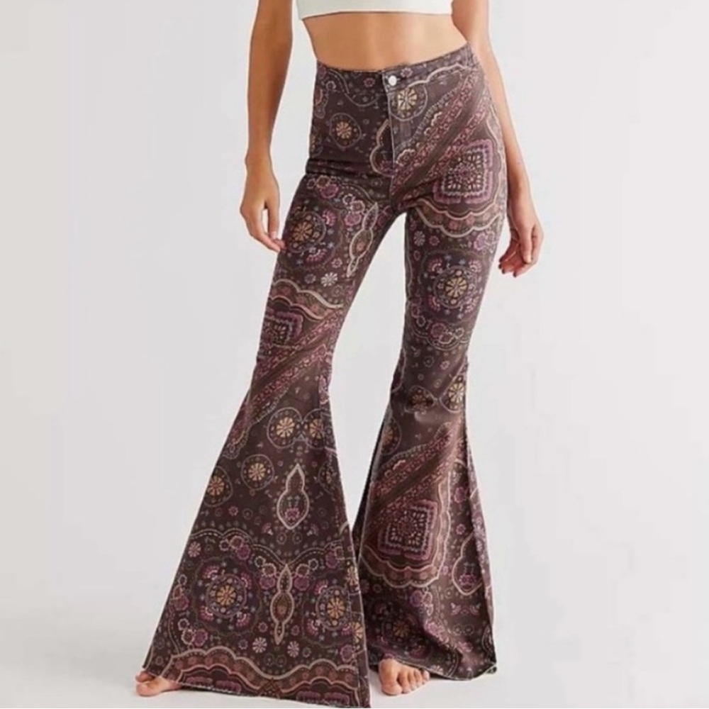 Free People Just Float On Printed Brown Bohemian Paisley Flare Pants size 32